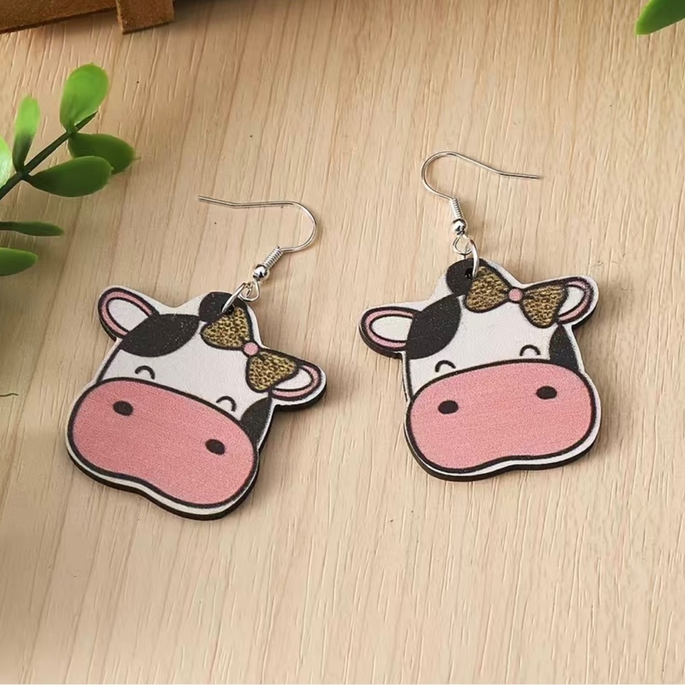 Country Wooden Cow Head dangle Earrings